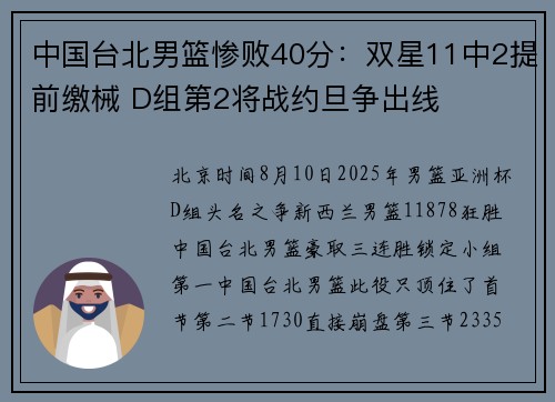 中国台北男篮惨败40分：双星11中2提前缴械 D组第2将战约旦争出线