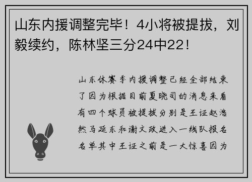 山东内援调整完毕！4小将被提拔，刘毅续约，陈林坚三分24中22！